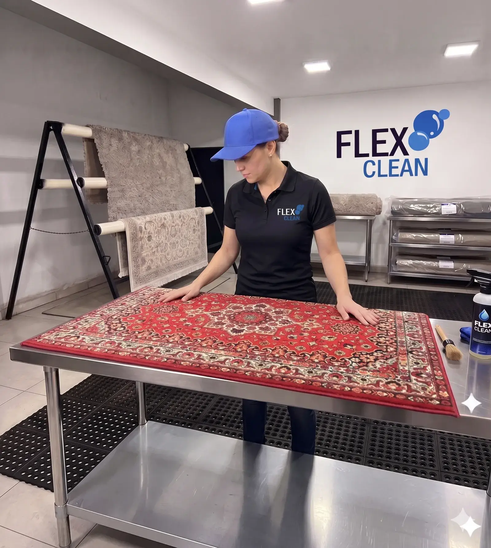 Técnica da Flex Clean avaliando um tapete persa vermelho antes da lavagem