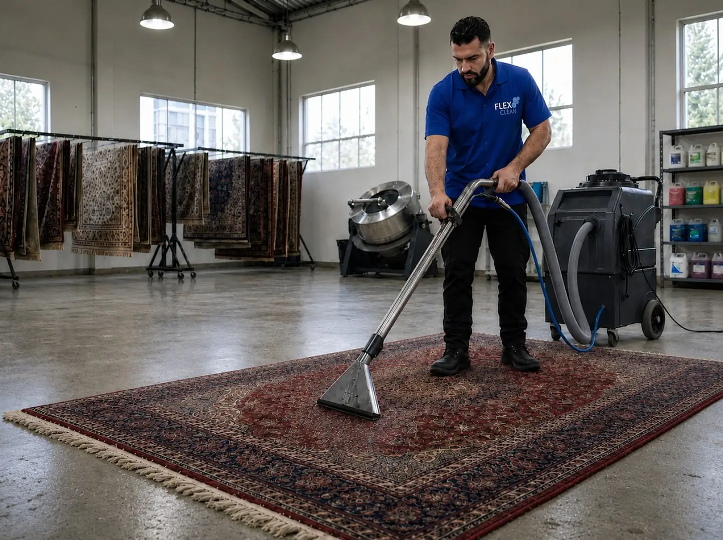 Profissional da Flex Clean fazendo extração profunda em tapete persa vermelho, com tapetes secando ao fundo