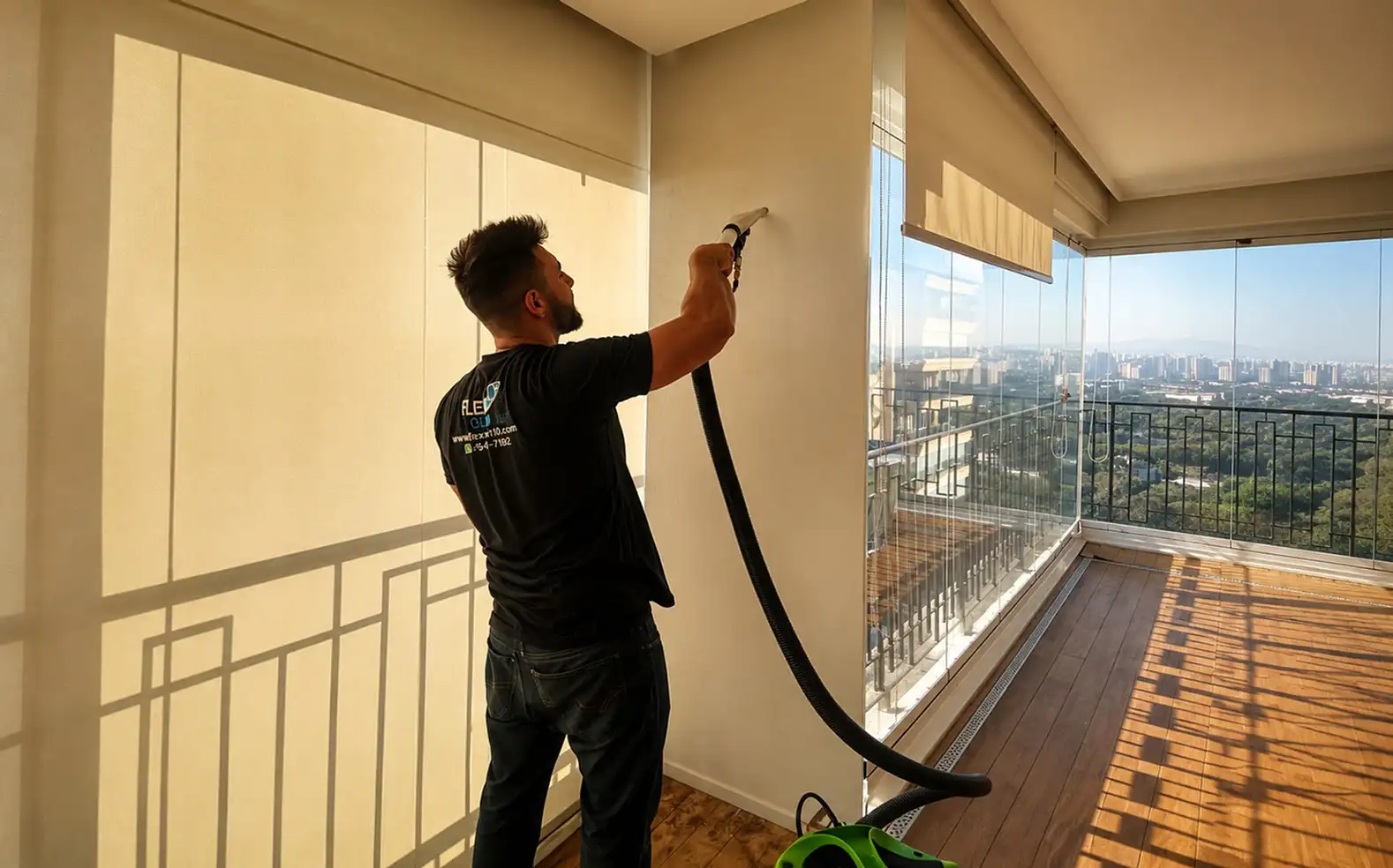 Profissional da Flex Clean higienizando cortina rolô em varanda envidraçada