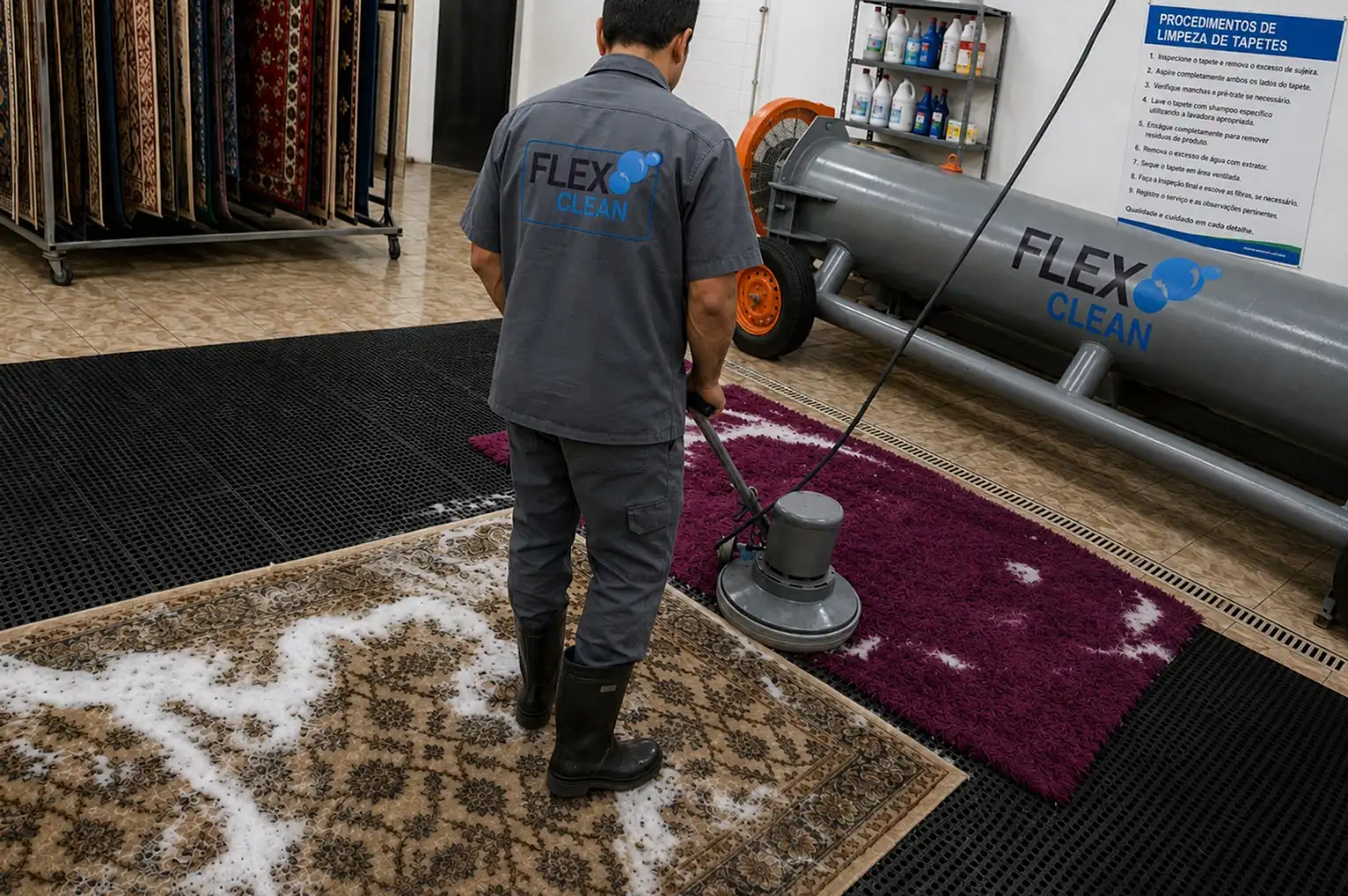 Profissional uniformizado da Flex Clean lavando tapete persa e tapete vinho com máquina rotativa na oficina