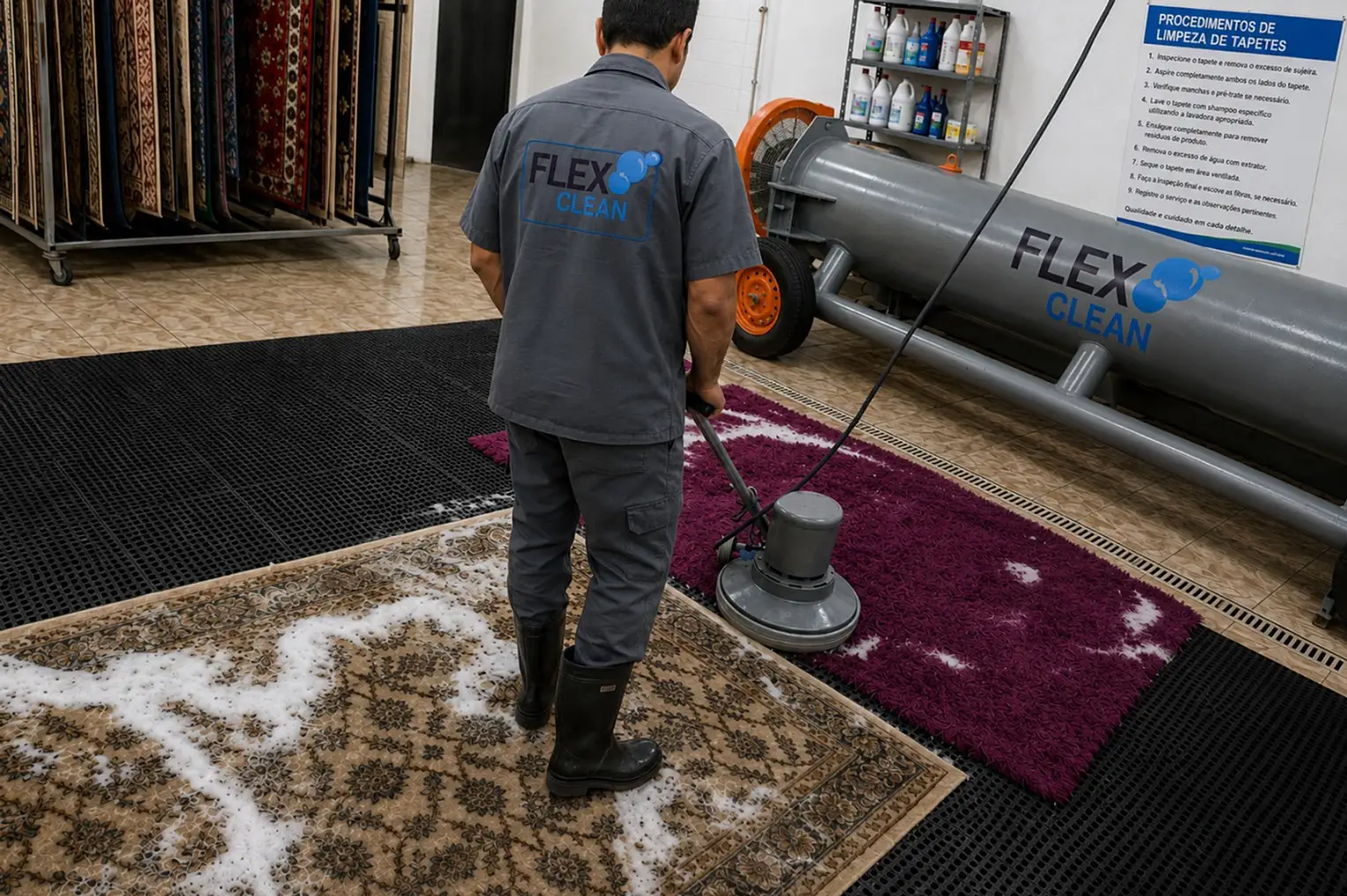 Profissional uniformizado da Flex Clean lavando tapetes com máquina rotativa e espuma na oficina