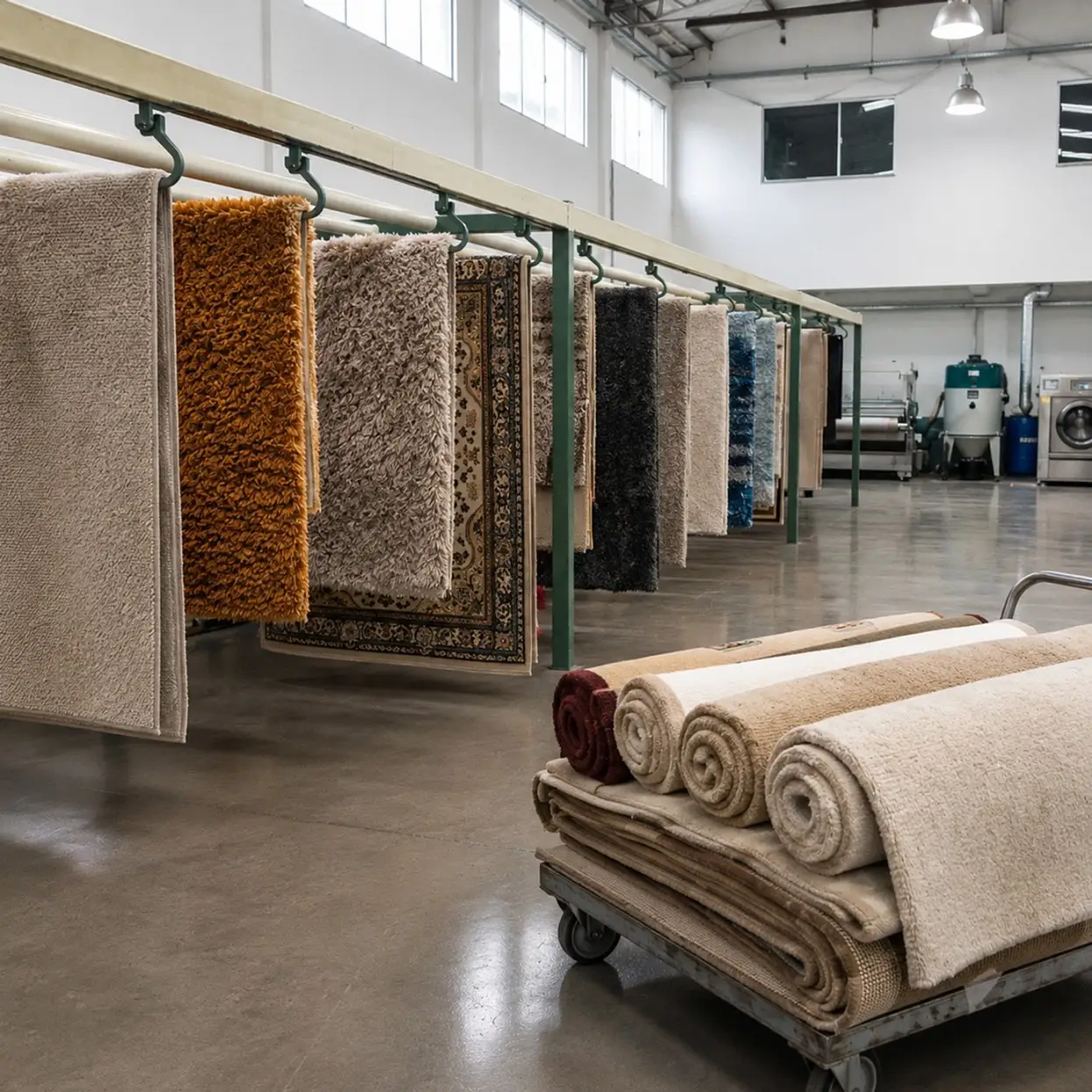 Tapetes de vários modelos pendurados para secagem na oficina da Flex Clean, com peças enroladas prontas no carrinho