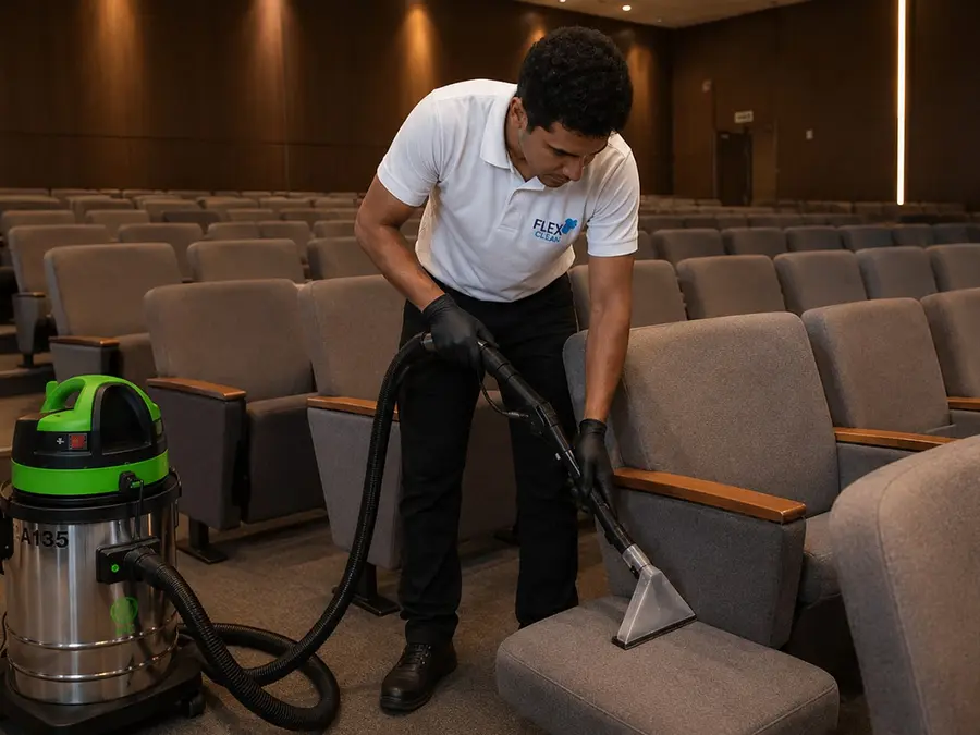 Técnico da Flex Clean higienizando poltronas de auditório com extração
