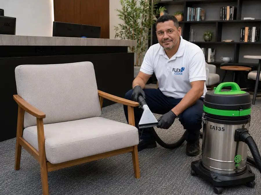 Técnico da Flex Clean ao lado de poltrona limpa e renovada