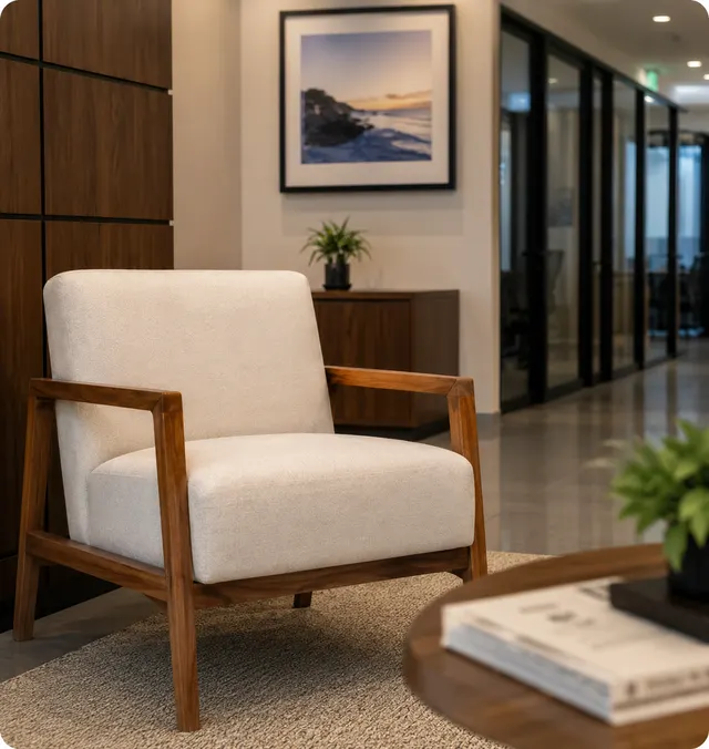 Poltrona estofada clara renovada e valorizada em ambiente elegante