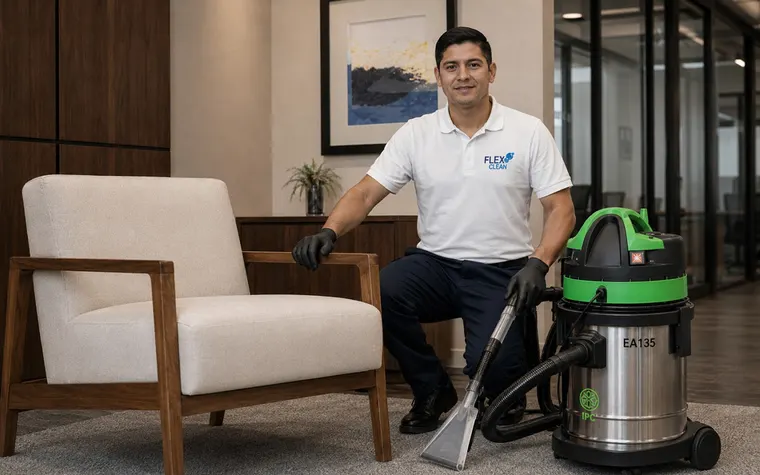Técnico da Flex Clean com equipamento de extração ao lado de poltrona higienizada
