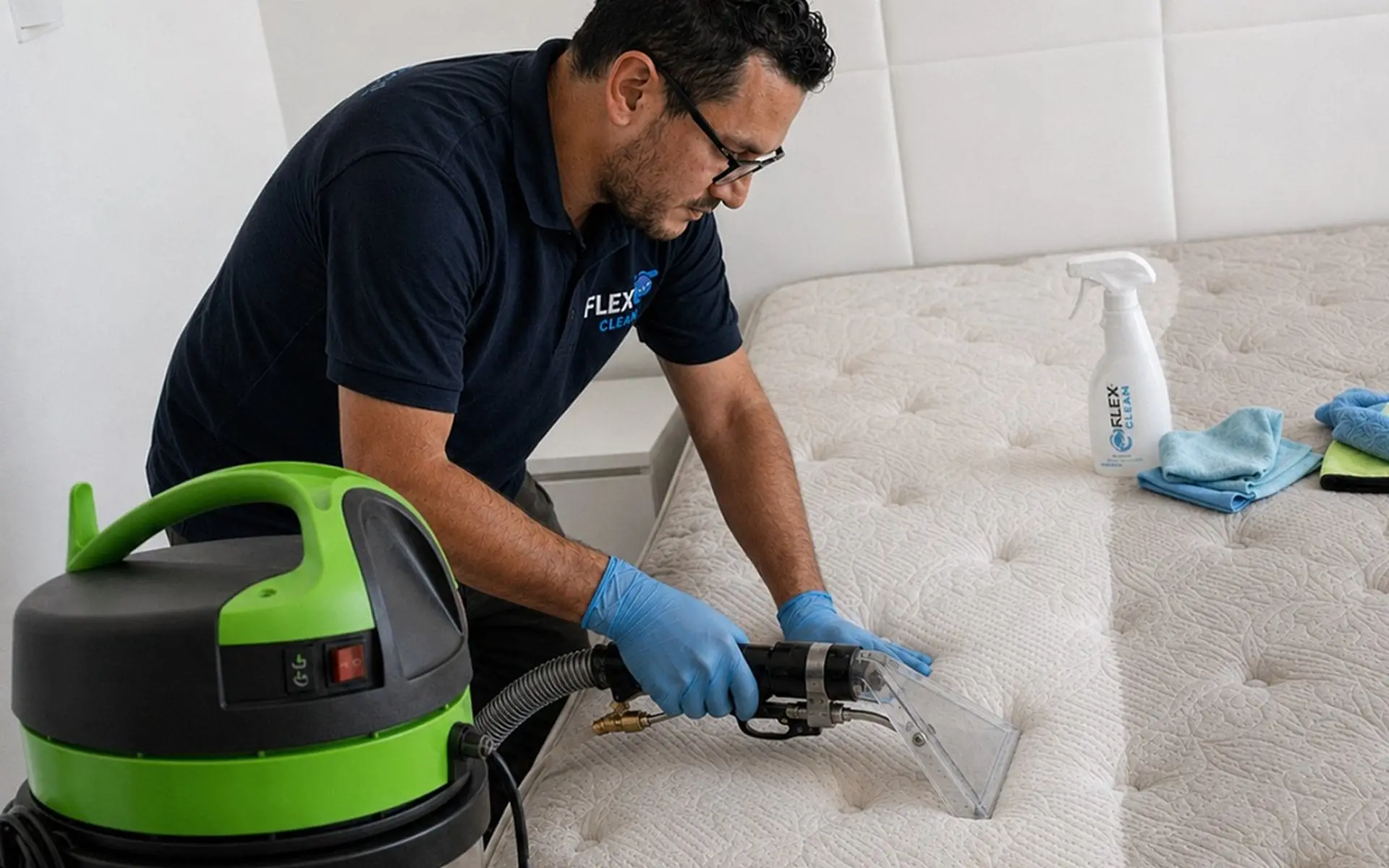 Técnico da Flex Clean higienizando um colchão com extratora profissional, removendo manchas e sujeira impregnada