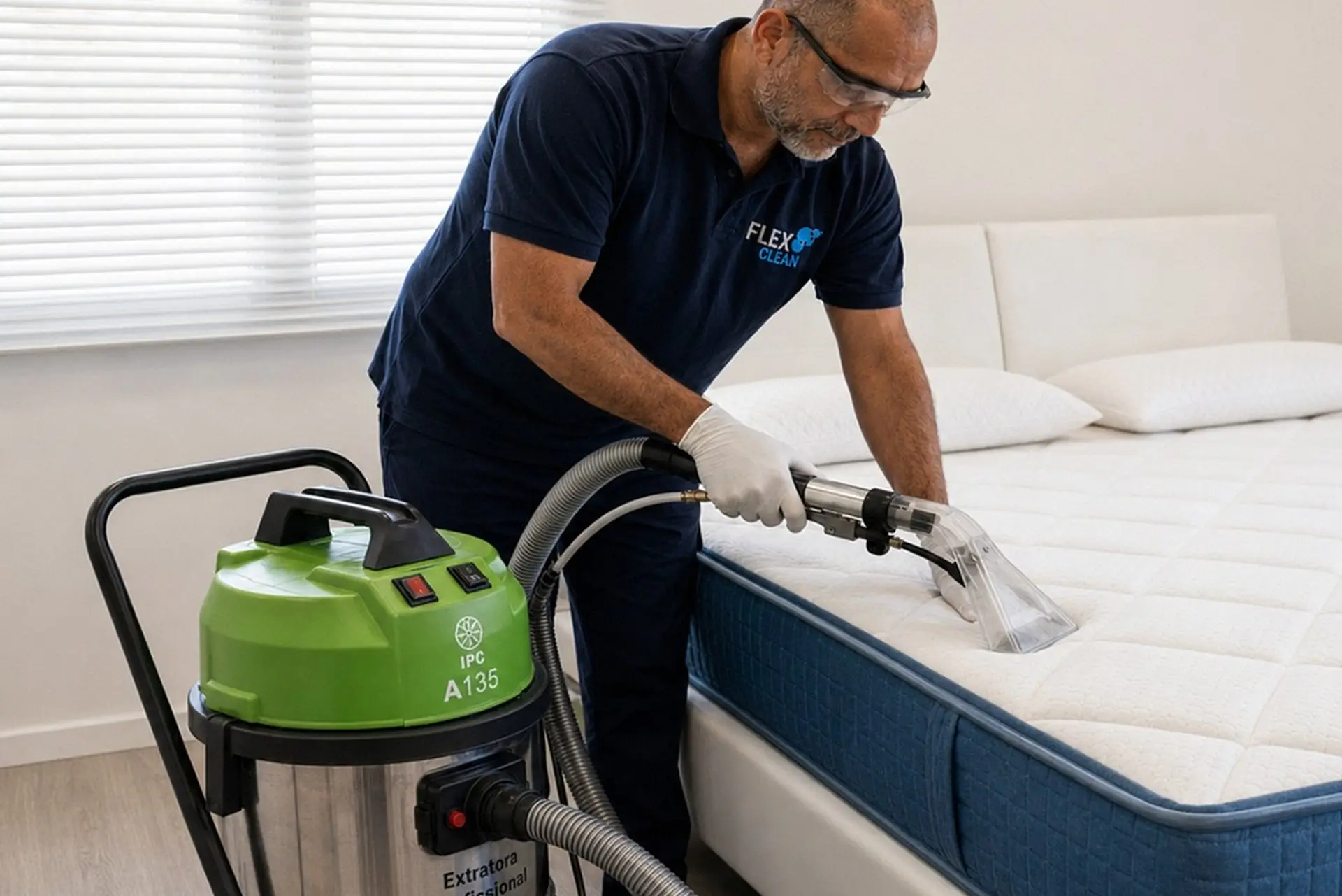 Técnico da Flex Clean higienizando um colchão com equipamento de extração profissional
