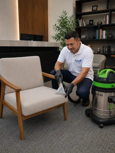 Profissional da Flex Clean higienizando poltrona estofada com extração