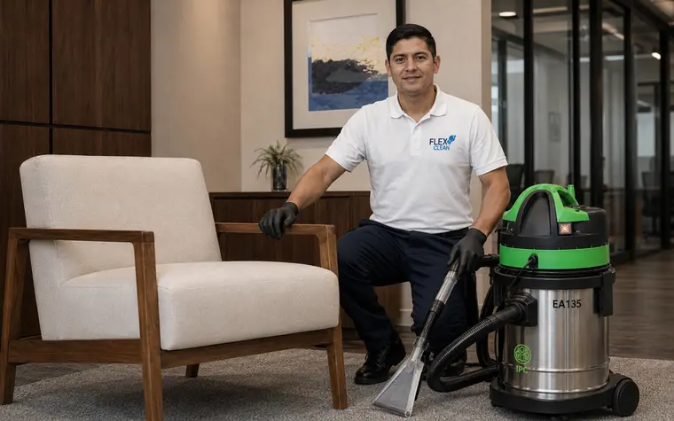 Profissional da Flex Clean com equipamento de extração ao lado de poltrona higienizada