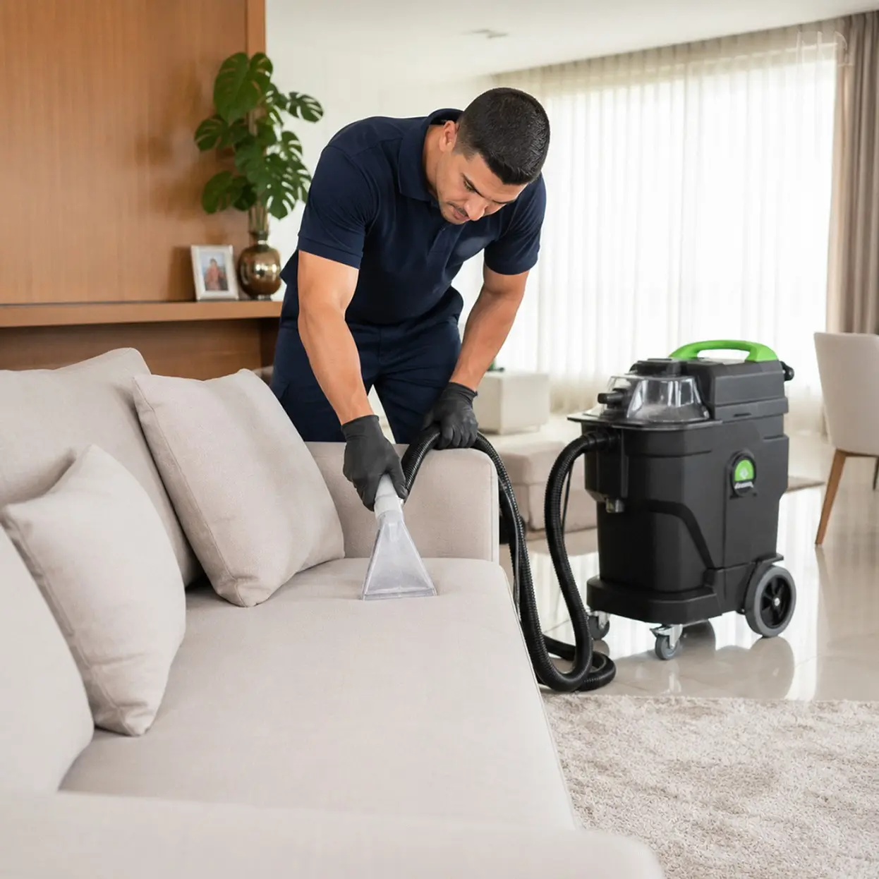 Técnico da Flex Clean higienizando um sofá na casa do cliente com a extratora profissional