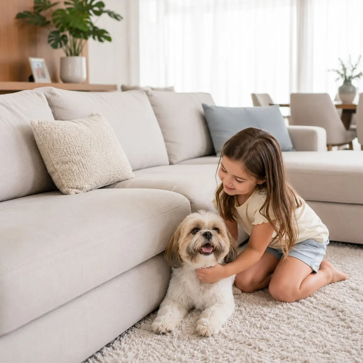 Criança brincando com o cachorro ao lado de um sofá higienizado, seguro para a família