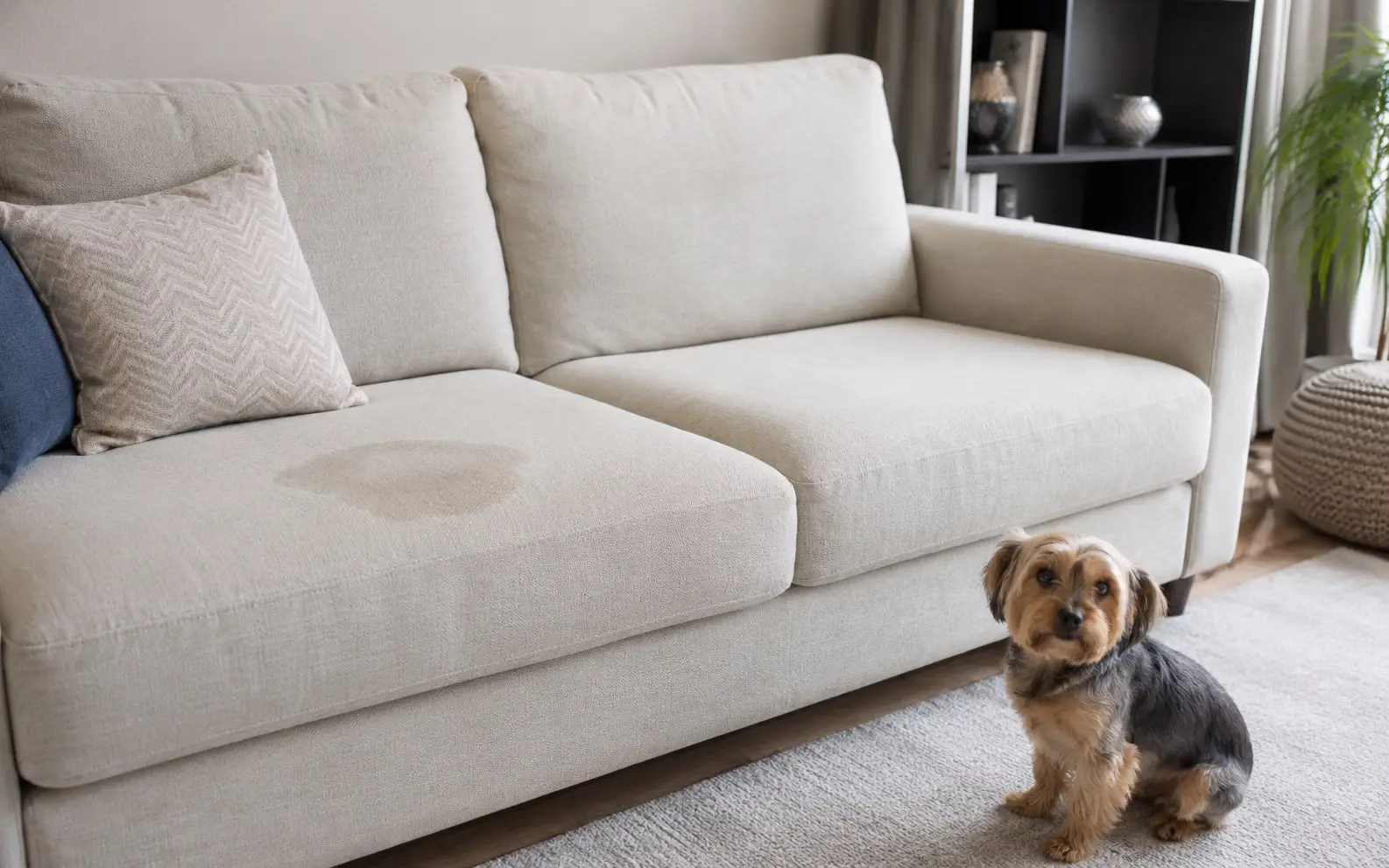 Sofá bege com mancha de urina de pet no assento e um cachorro ao lado, antes da higienização da Flex Clean