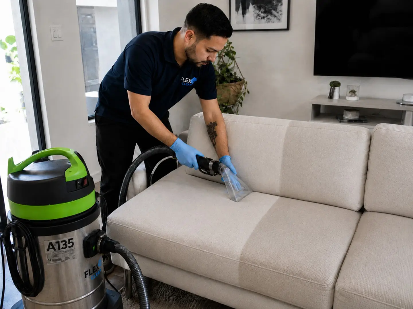 Técnico da Flex Clean higienizando um sofá com extratora profissional a domicílio