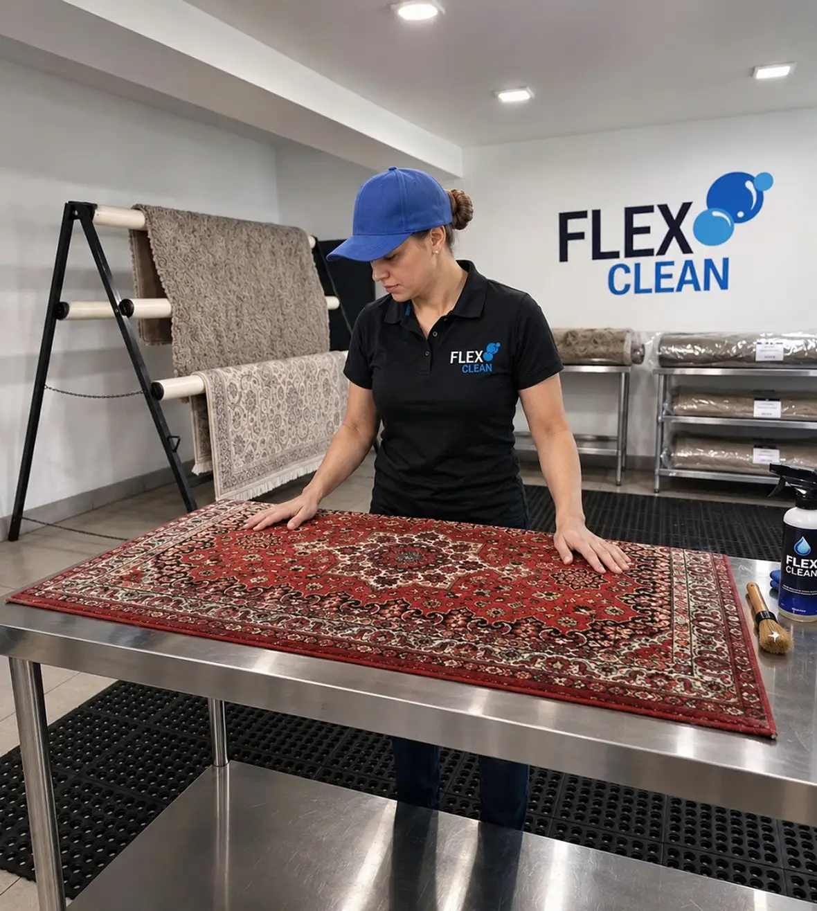 Técnica da Flex Clean examinando um tapete persa vermelho sobre a mesa de avaliação